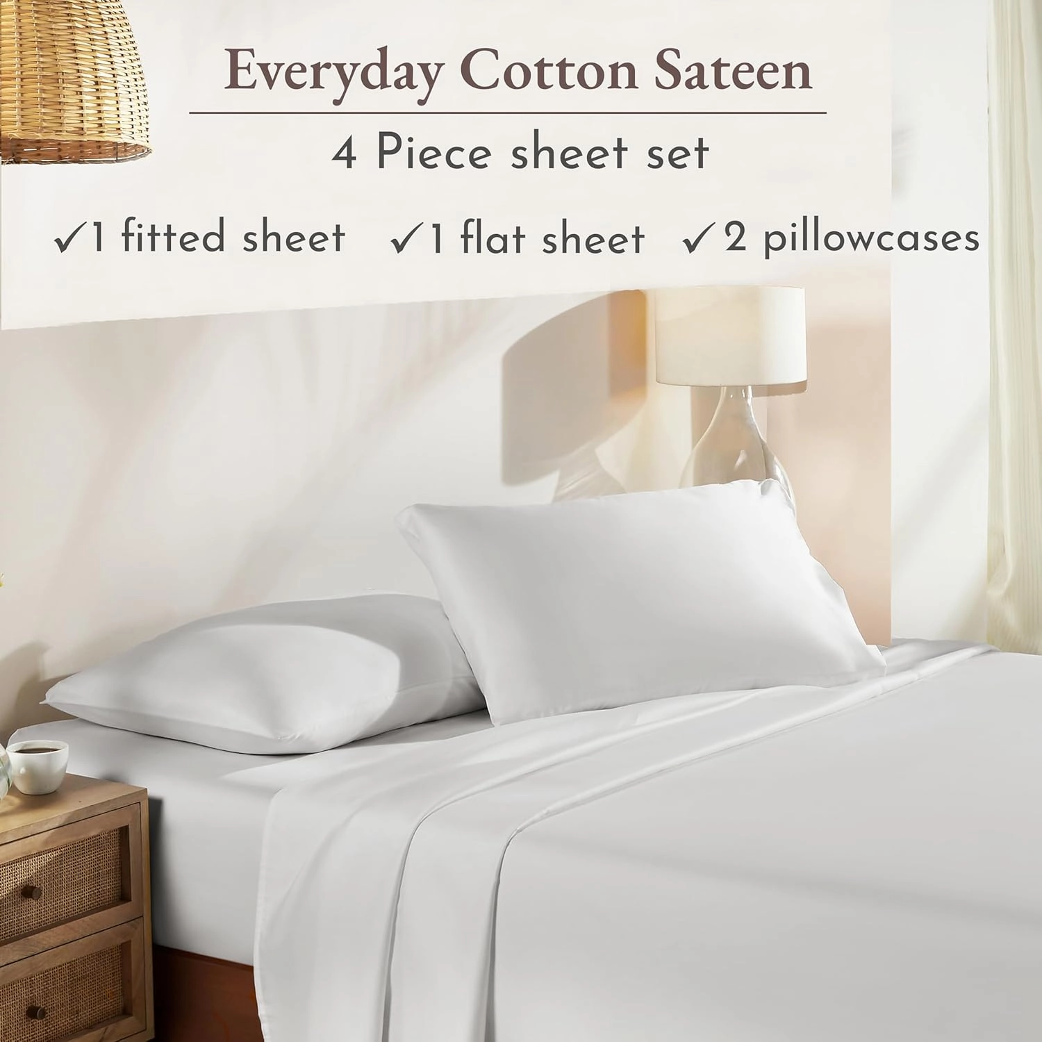 California Design Den King Sheet Set - Natural 100% Cotton Sateen Sheets King Size Set with Deep Pockets, Soft Sateen Weave, Breathable, Cooling and Durable Bedding (Eggshell - Ivory)