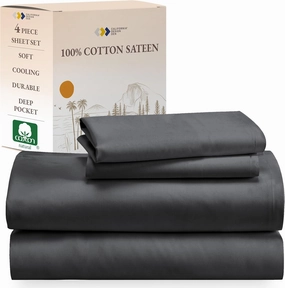 California Design Den Queen Sheet Set - Natural 100% Cotton Sheets Queen Size Bed Set with Deep Pockets, Soft Sateen Weave, Breathable, Cooling and Durable Bedding (Grey)