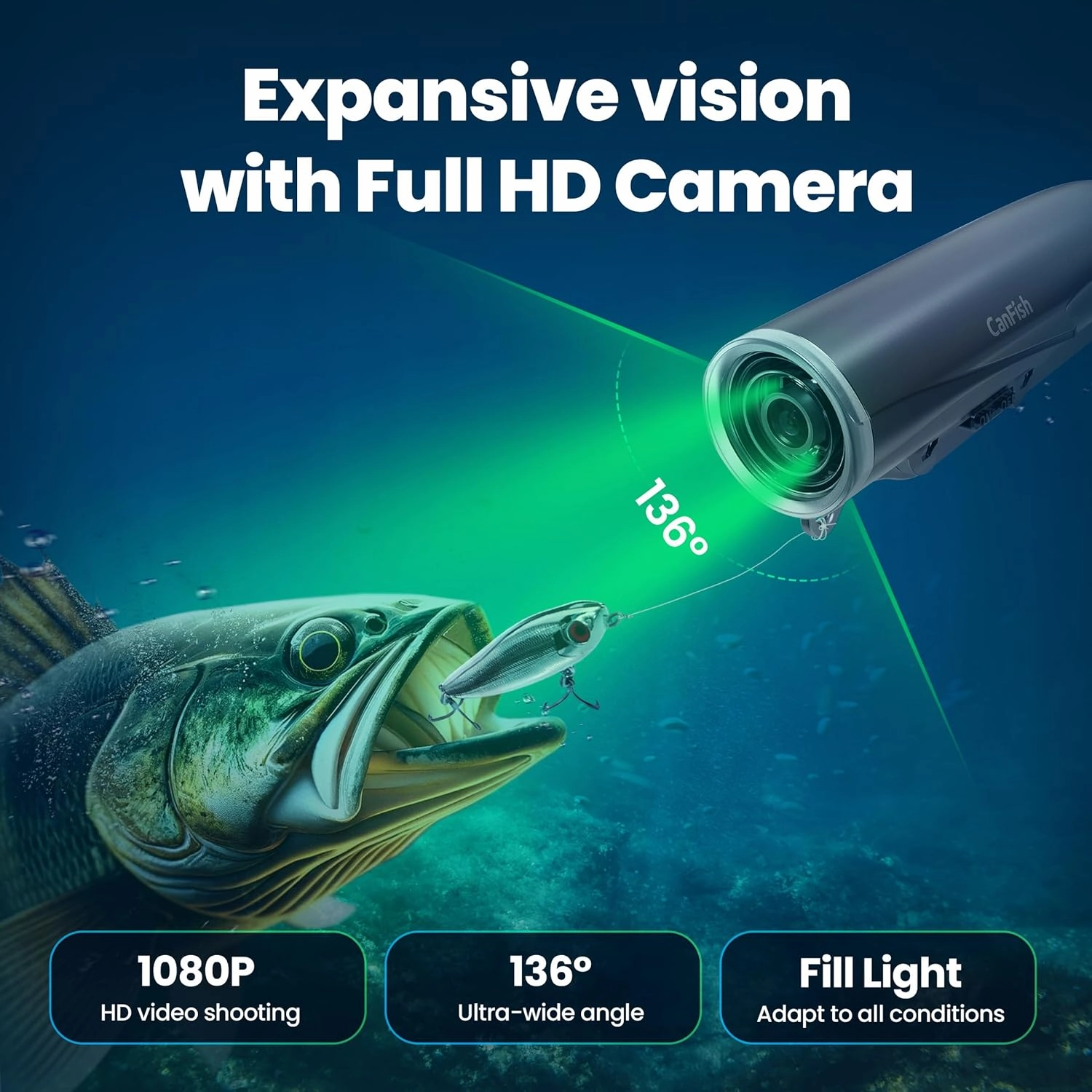 CanFish Fishing CamX Fishing Finders Camera,Lure Action Camera HD 1080P &136°Ultra-Wide-Angle,656FT ROV Waterproof/Motion Sensing/Segmented Intelligent Recording/Wireless Charge/App Compatible (Grey)