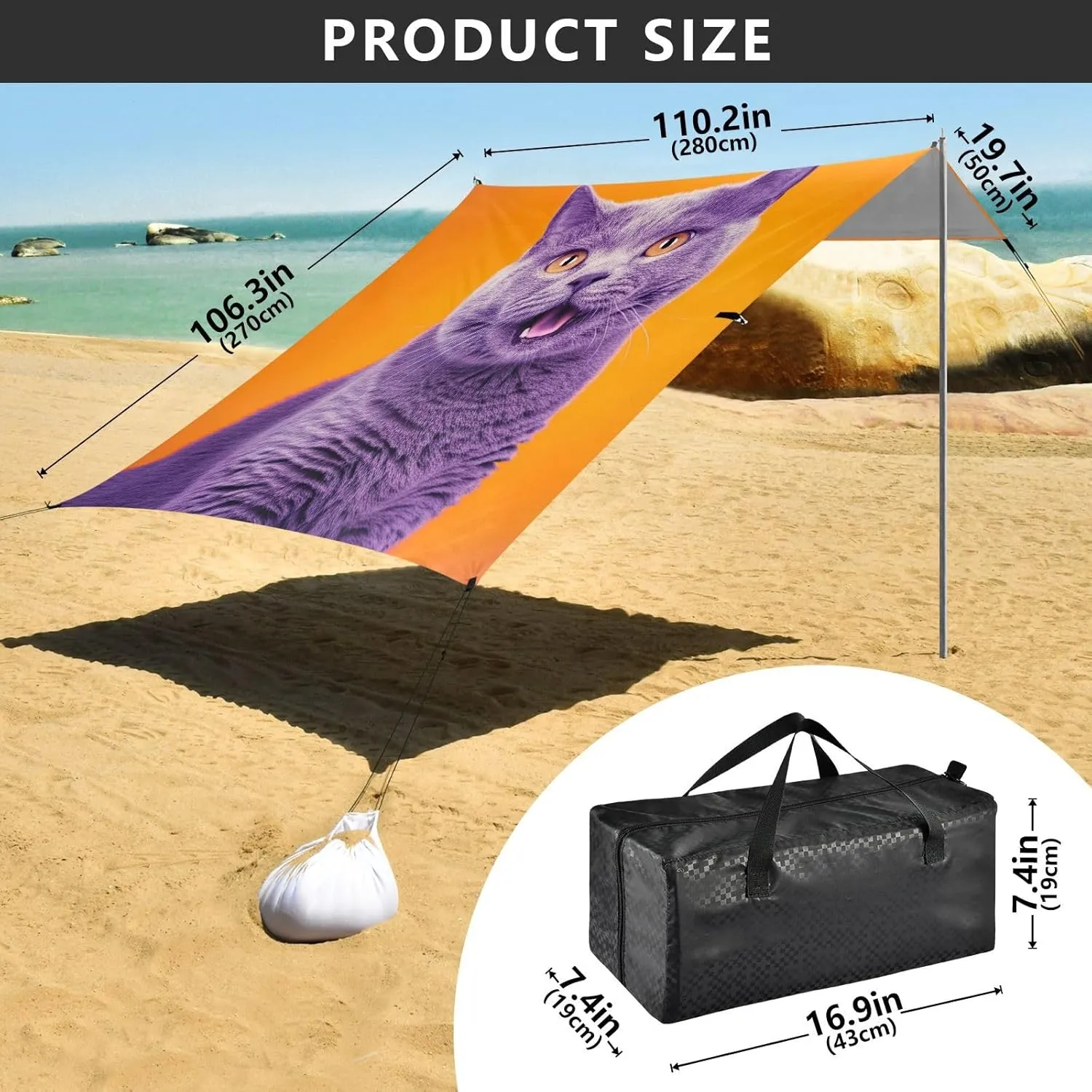 Canopy Tent Beach Cute Grey Cat Orange Pet Patio Sun Shade Outdoor 9.2 × 10.5 FT Shades Portable Camping Shelter Windproof with Poles Sand Anchor