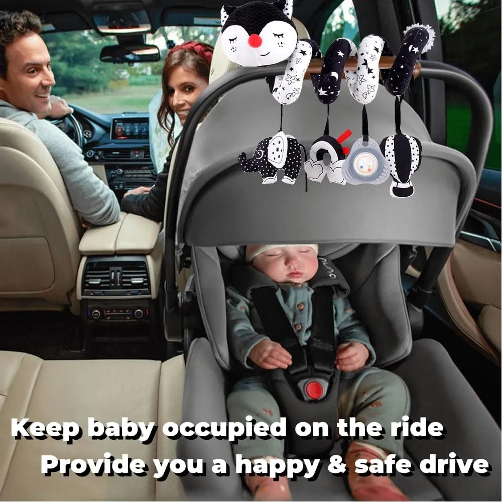 Car Seat Toys for Infants 0-6 Months, High Contrast Baby Toys Black and White Hanging Crib & Stroller Toy 3-6 Newborn Developmental Toy 0-3-6-12 Months with Music Rattles