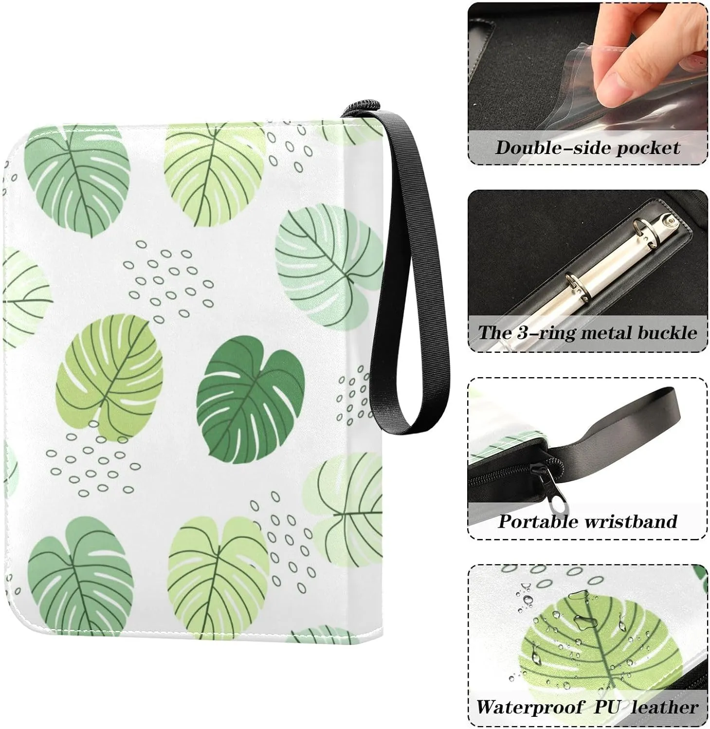 Card Binder 4 Pocket Trading Card Album 400 Cards Holder with 50 Removable Sleeves Waterproof Collectible Zipper Leather Baseball Card Binders Simple Tropical Leaves Green