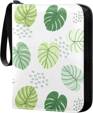 Card Binder 4 Pocket Trading Card Album 400 Cards Holder with 50 Removable Sleeves Waterproof Collectible Zipper Leather Baseball Card Binders Simple Tropical Leaves Green