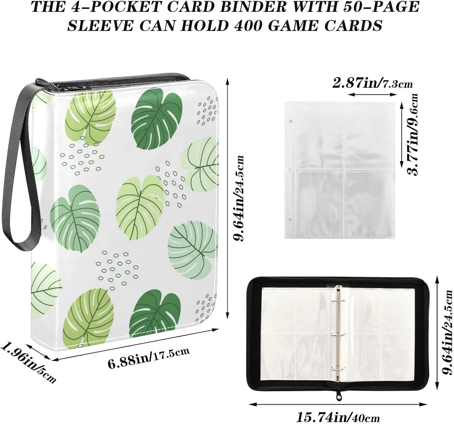 Card Binder 4 Pocket Trading Card Album 400 Cards Holder with 50 Removable Sleeves Waterproof Collectible Zipper Leather Baseball Card Binders Simple Tropical Leaves Green