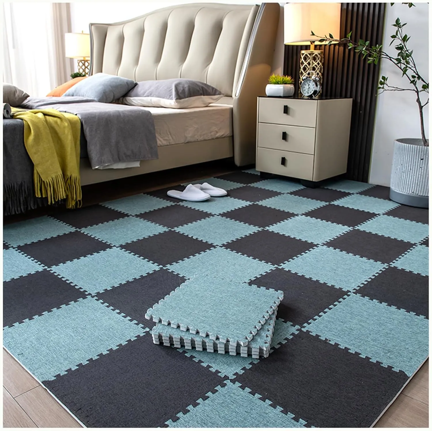 Carpet Squares Interlocking 12Pcs Cotton Linen Foam Floor Mat with Border Soft Foam Puzzle Play Mat Fluffy Foam Flooring Tiles for Home Playroom,12X12x0.4 in,Black   Light Green