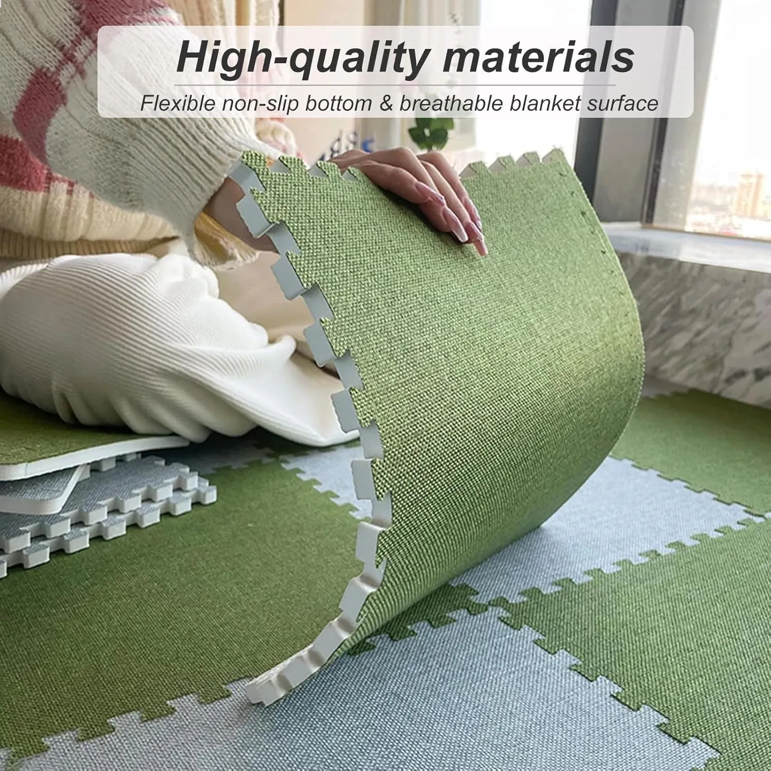 Carpet Squares Interlocking 12Pcs Cotton Linen Foam Floor Mat with Border Soft Foam Puzzle Play Mat Fluffy Foam Flooring Tiles for Home Playroom,12X12x0.4 in,Black   Light Green