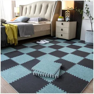 Carpet Squares Interlocking 12Pcs Cotton Linen Foam Floor Mat with Border Soft Foam Puzzle Play Mat Fluffy Foam Flooring Tiles for Home Playroom,12X12x0.4 in,Black   Light Green