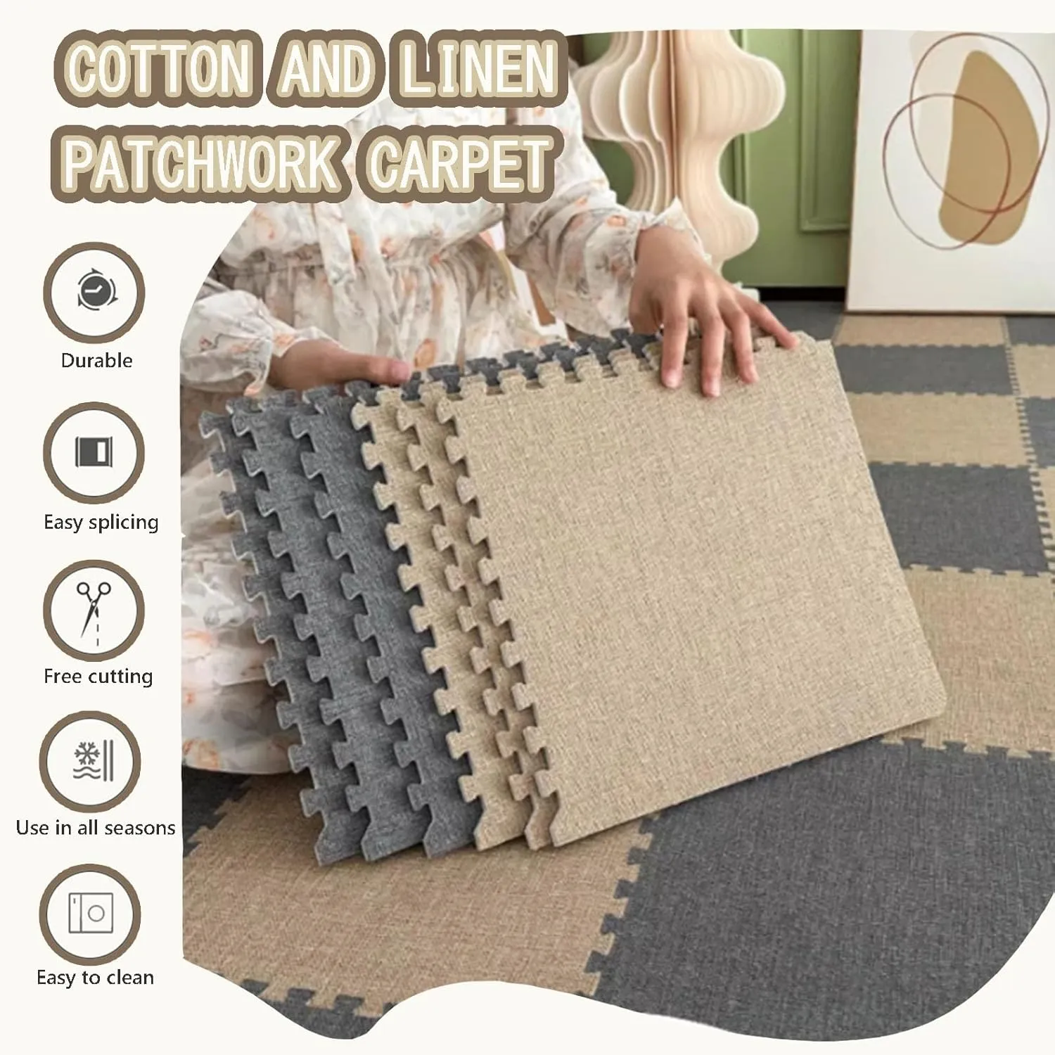 Carpet Squares Interlocking 12Pcs Cotton Linen Foam Floor Mat with Border Soft Foam Puzzle Play Mat Fluffy Foam Flooring Tiles for Home Playroom,12X12x0.4 in,Black   Light Green