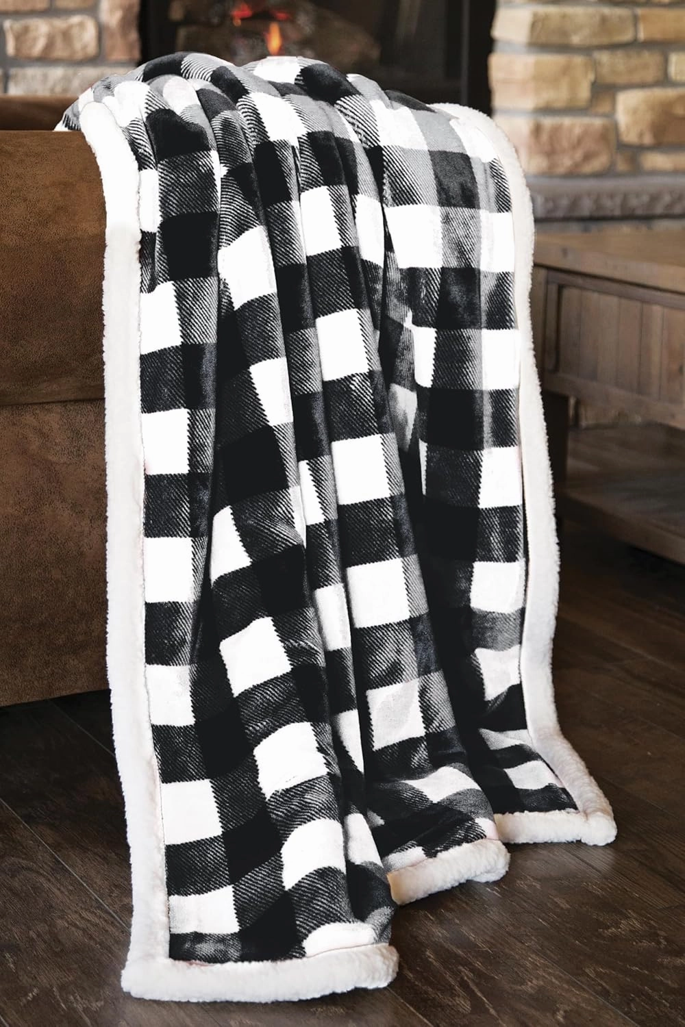CARSTENS, INC. Ultra Premium Super Soft Plush Sherpa Fleece Oversized Throw Blanket 54" x 68", Black & White Buffalo Plaid