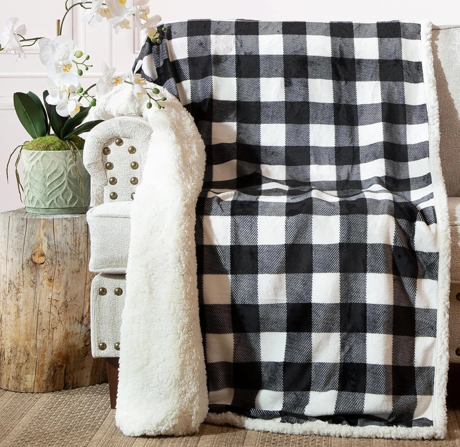 CARSTENS, INC. Ultra Premium Super Soft Plush Sherpa Fleece Oversized Throw Blanket 54" x 68", Black & White Buffalo Plaid