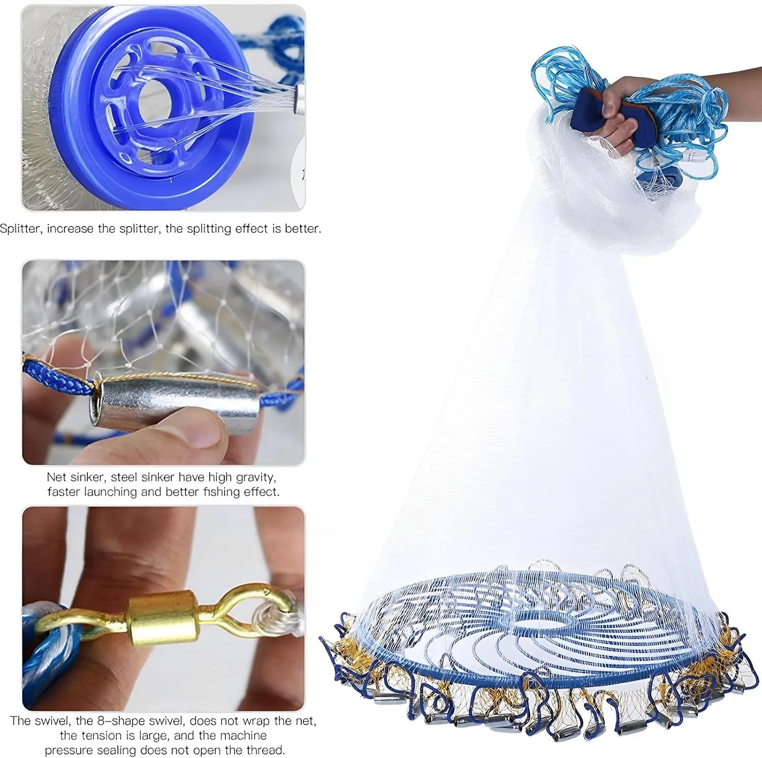 Casting Net Fishing Cast Net Fishing Net Shrimp Trap Easy Throw Cast Net Thicken Monofilament Line with Upgraded Heavy Duty Zinc Sinkers for Freshwater and Saltwater Fishing(4ft-12ft Radius)