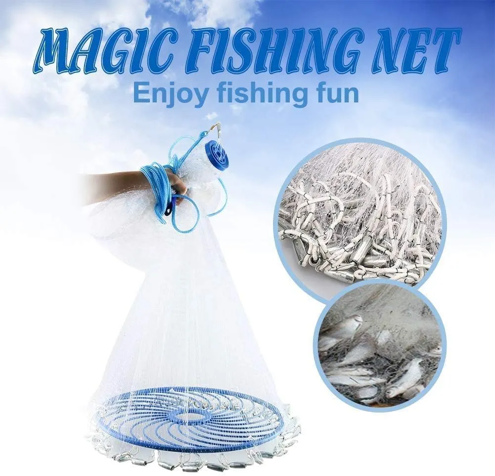 Casting Net Fishing Cast Net Fishing Net Shrimp Trap Easy Throw Cast Net Thicken Monofilament Line with Upgraded Heavy Duty Zinc Sinkers for Freshwater and Saltwater Fishing(4ft-12ft Radius)