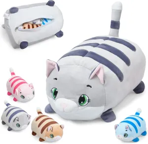 Cat Mommy Plush Stuffed Animal with 4 Baby Kittens - Cute Stuffy for Kids - Fluffy Toy Gift for Girls - Mom Size 10in, Baby Cats Size 4" - Long Cuddly Cat Plushies with Zipper (Grey)