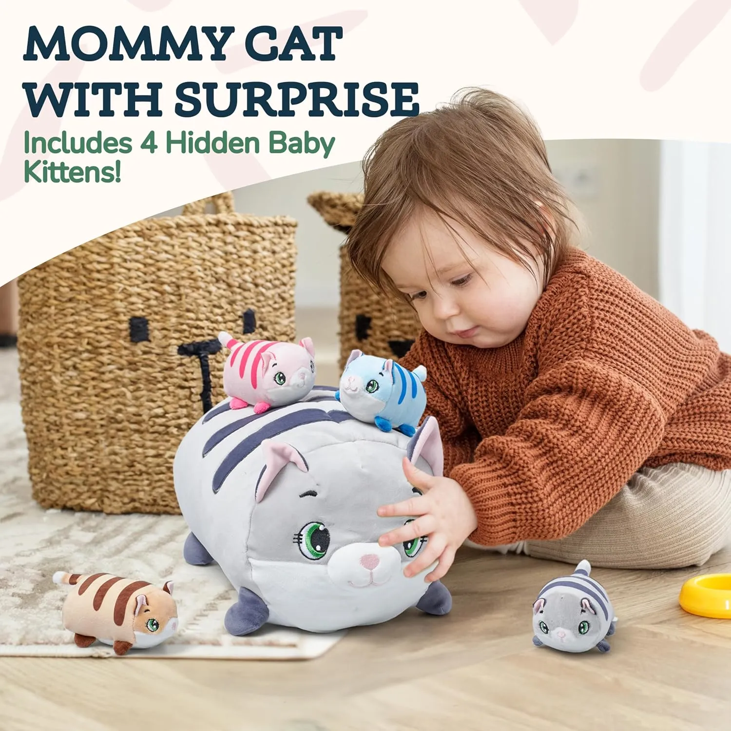 Cat Mommy Plush Stuffed Animal with 4 Baby Kittens - Cute Stuffy for Kids - Fluffy Toy Gift for Girls - Mom Size 10in, Baby Cats Size 4" - Long Cuddly Cat Plushies with Zipper (Grey)