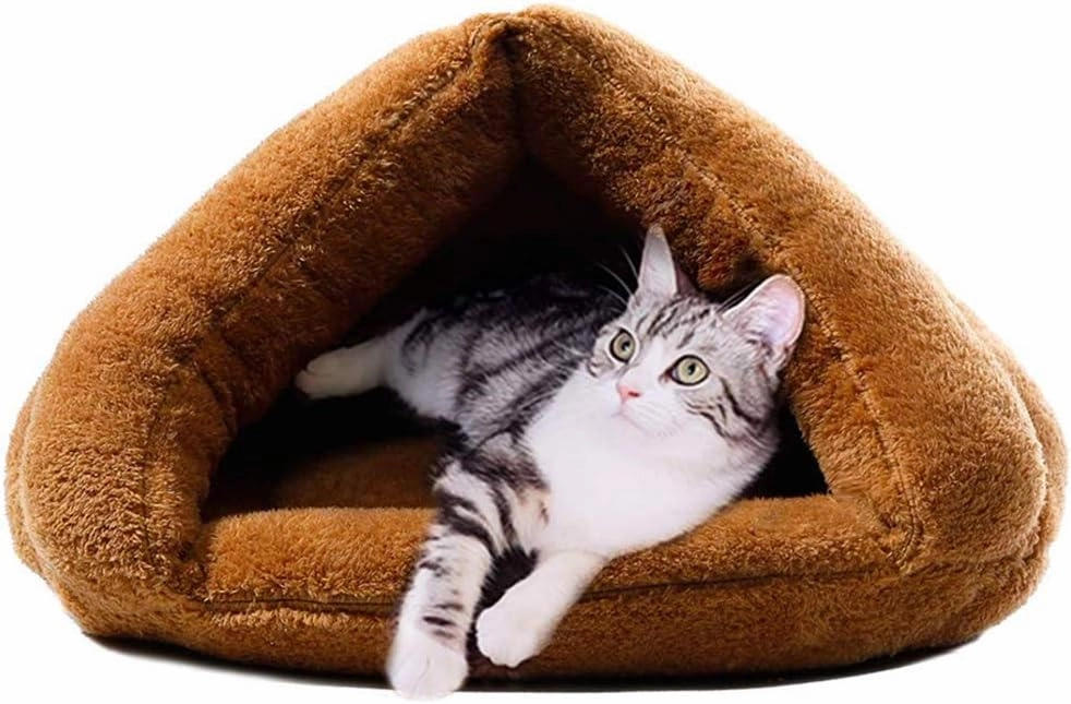 Cat Cave Pet Tent Cave Bed,Soft Fleece Self-Warming Cat Bed Warm Sleeping Bed,Pets Sleeping Bag for Cats Winter Pets Puppy Indoor Pet Triangle Nest,Machine Washable,Camel,L