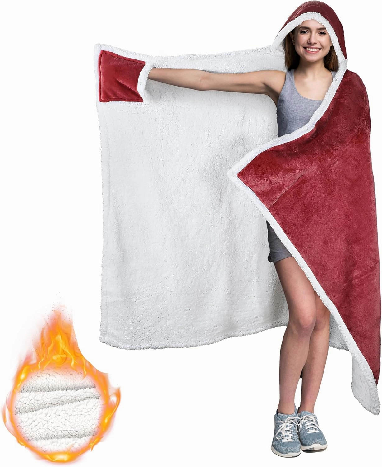 Catalonia Classic Wearable Hooded Blanket, Warm Cozy Soft Poncho Blanket Wrap, Fleece Cuddle Throw Cape with Hand Pocket, Gifts for Women Father Mom
