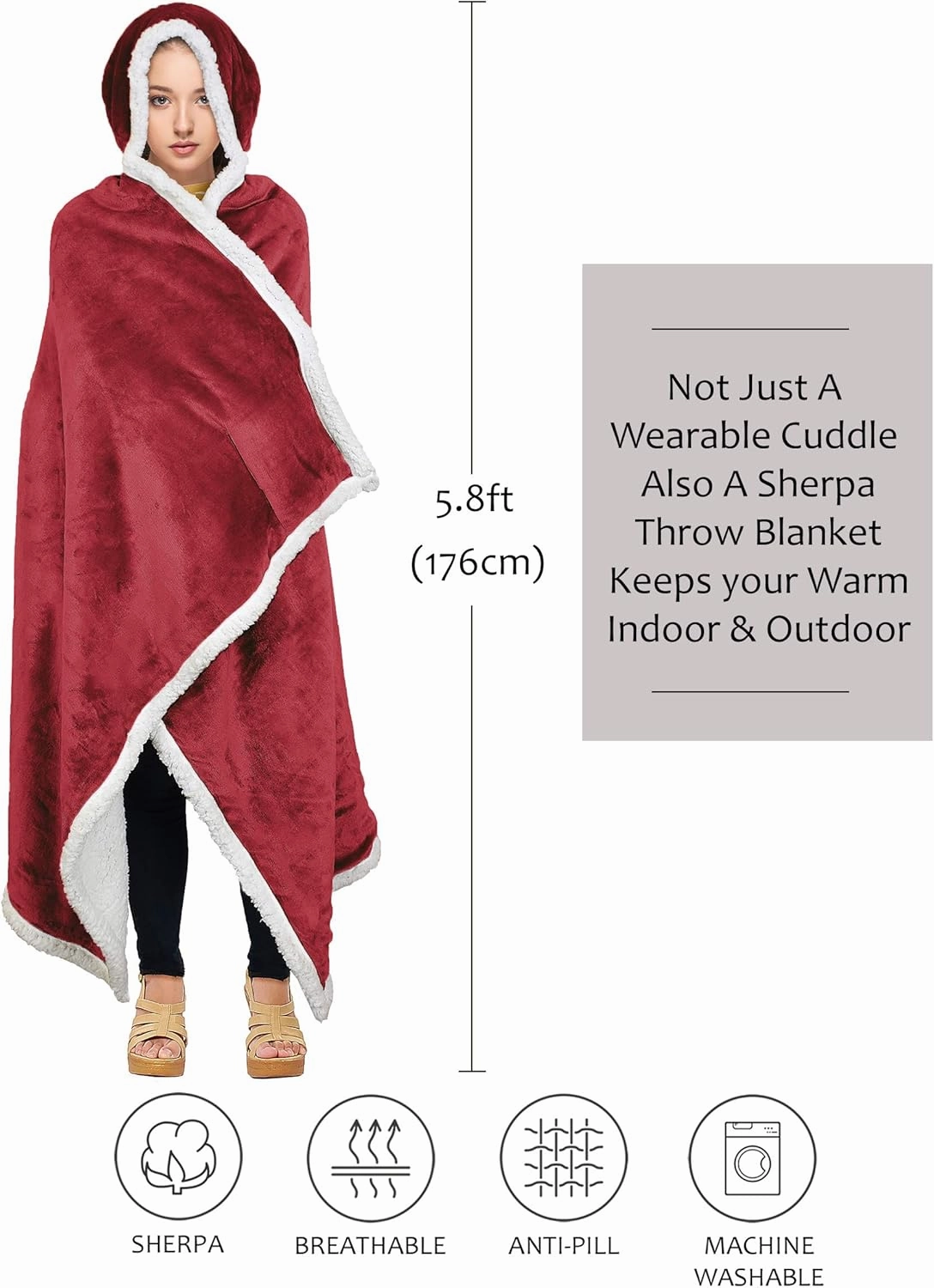 Catalonia Classic Wearable Hooded Blanket, Warm Cozy Soft Poncho Blanket Wrap, Fleece Cuddle Throw Cape with Hand Pocket, Gifts for Women Father Mom