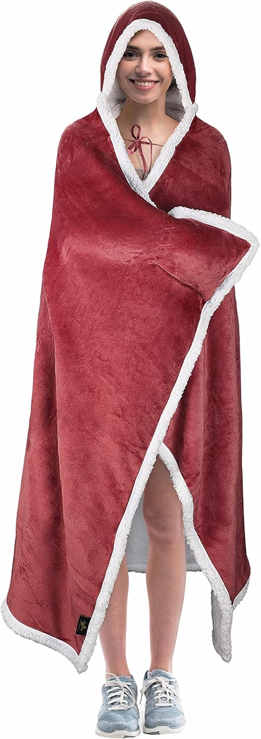 Catalonia Classic Wearable Hooded Blanket, Warm Cozy Soft Poncho Blanket Wrap, Fleece Cuddle Throw Cape with Hand Pocket, Gifts for Women Father Mom