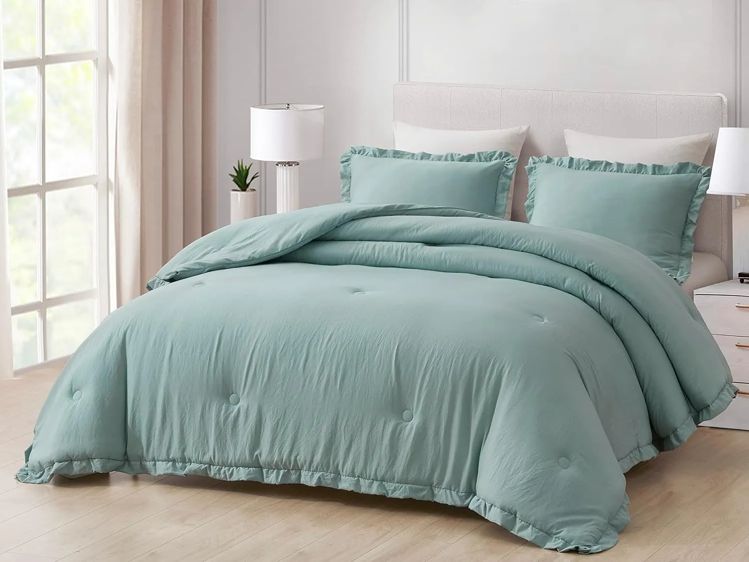 Chezmoi Collection Nora Aqua Comforter Set Queen Size 3-Piece Lightweight Fluffy Soft Lightweight Bedding Ruffled Edge Trim Stone-Washed Microfiber Comforter Set for All Season