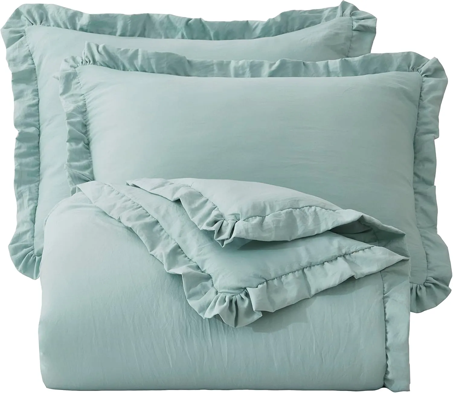 Chezmoi Collection Nora Aqua Comforter Set Queen Size 3-Piece Lightweight Fluffy Soft Lightweight Bedding Ruffled Edge Trim Stone-Washed Microfiber Comforter Set for All Season