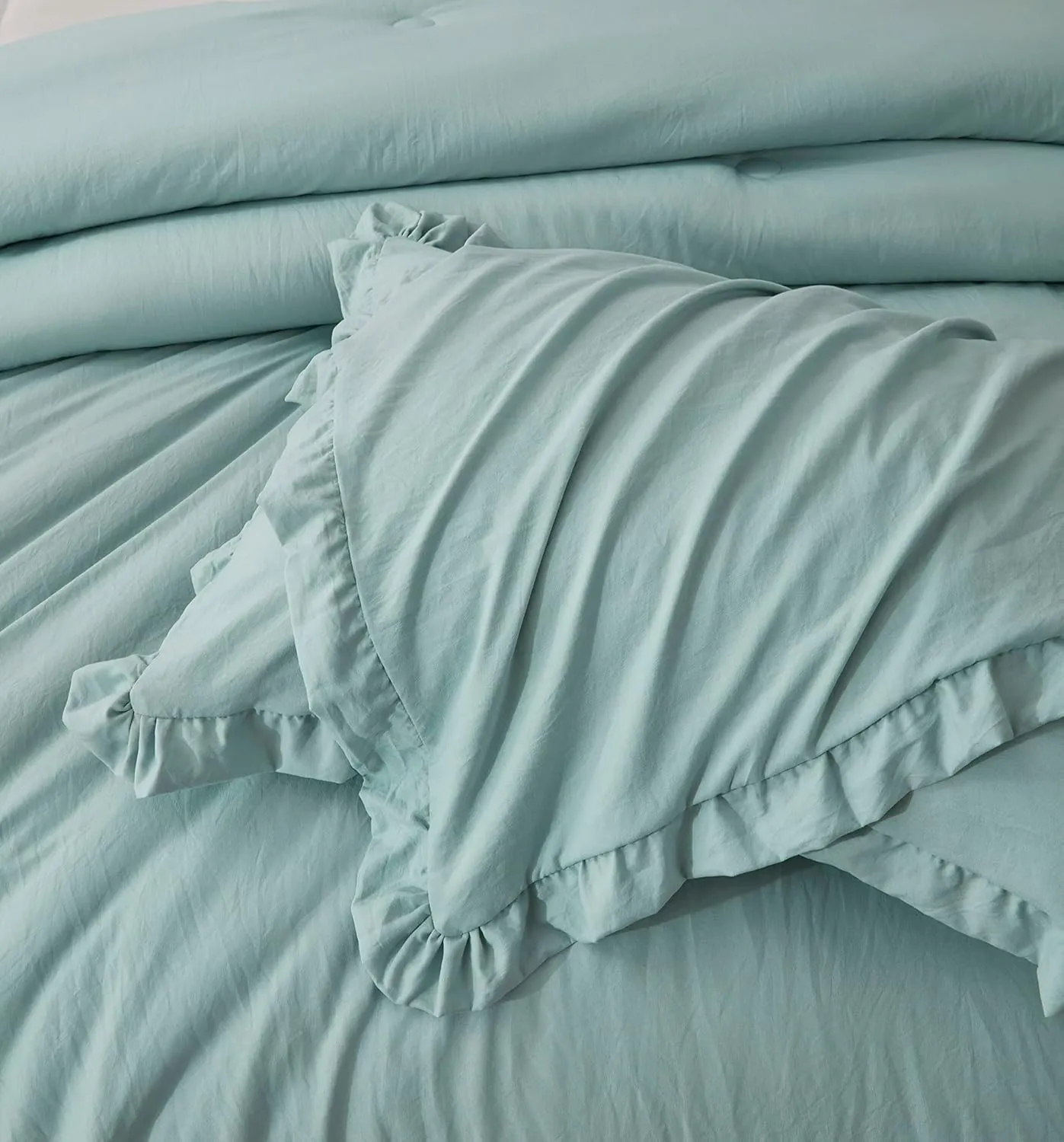Chezmoi Collection Nora Aqua Comforter Set Queen Size 3-Piece Lightweight Fluffy Soft Lightweight Bedding Ruffled Edge Trim Stone-Washed Microfiber Comforter Set for All Season
