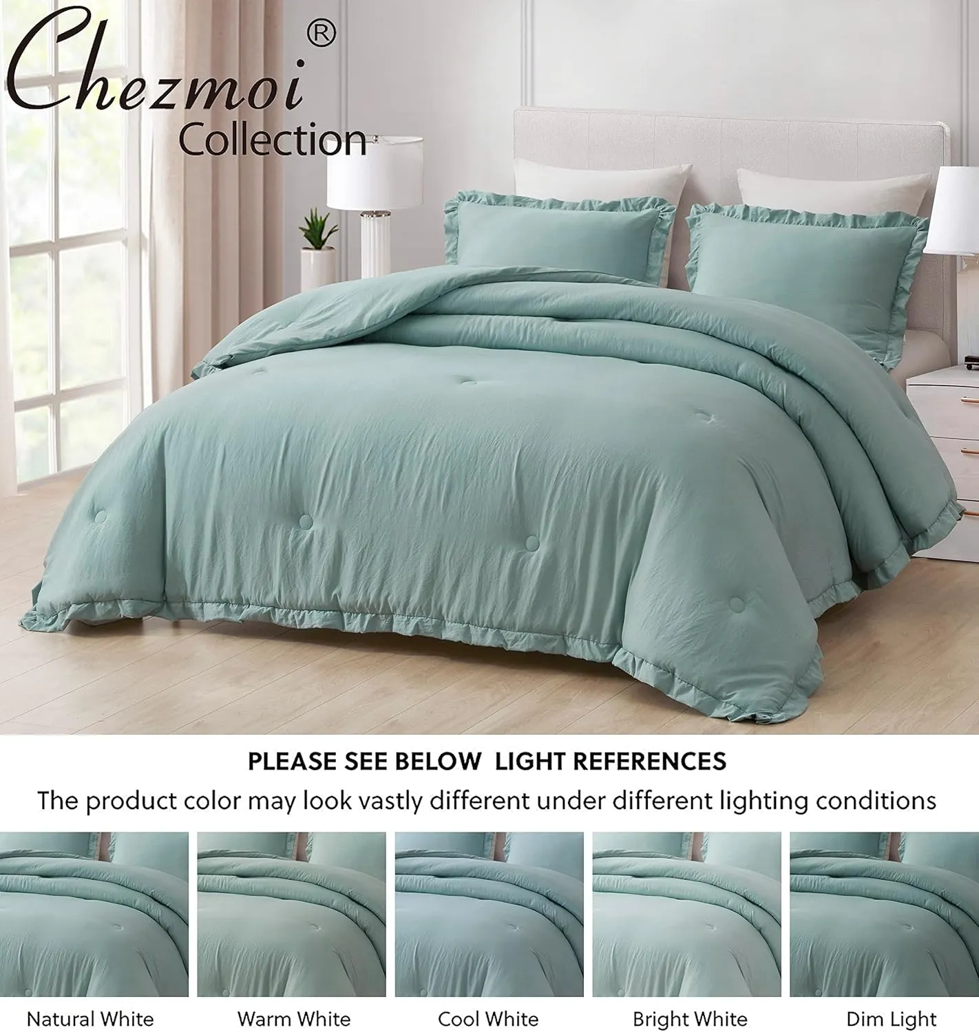 Chezmoi Collection Nora Aqua Comforter Set Queen Size 3-Piece Lightweight Fluffy Soft Lightweight Bedding Ruffled Edge Trim Stone-Washed Microfiber Comforter Set for All Season