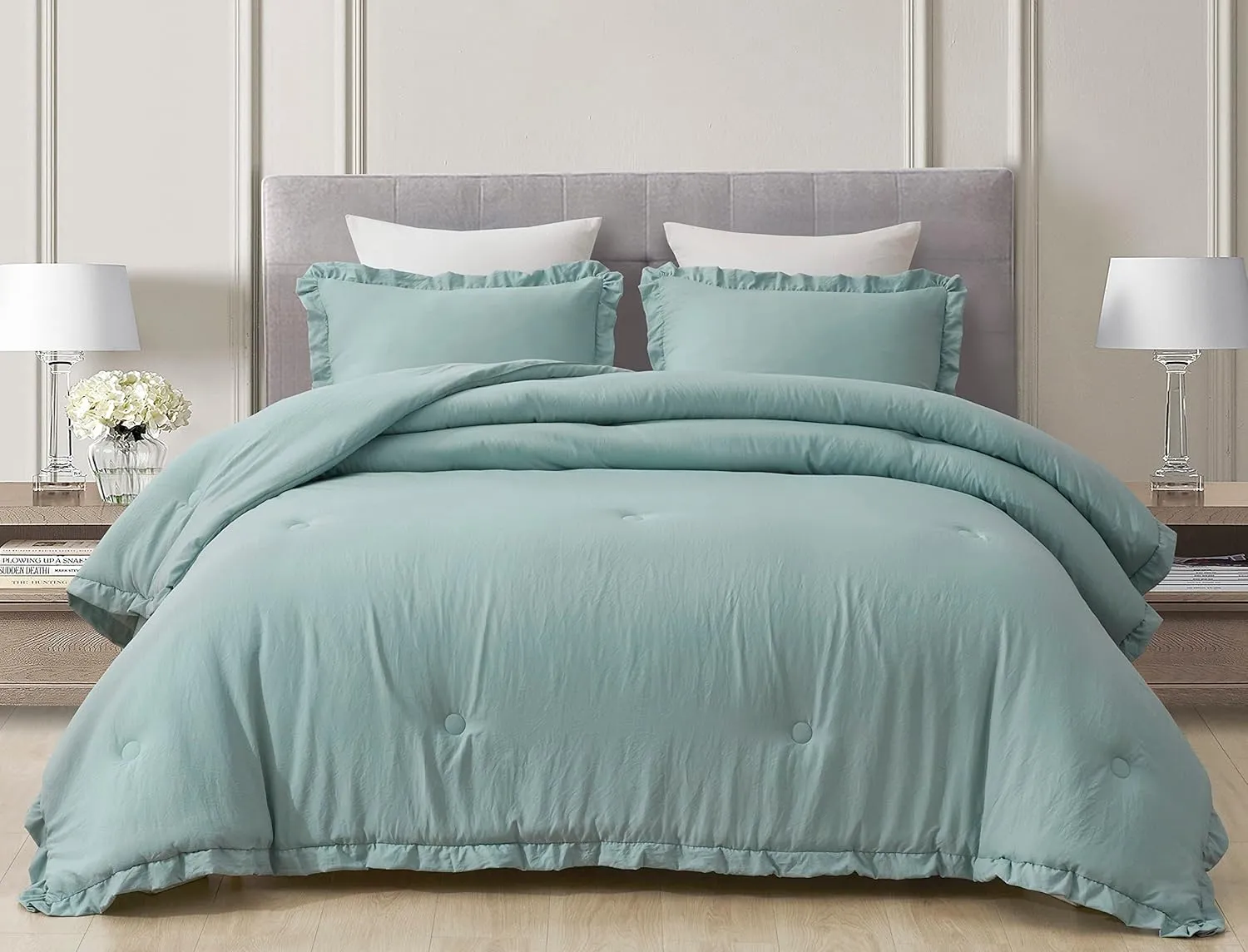 Chezmoi Collection Nora Aqua Comforter Set Queen Size 3-Piece Lightweight Fluffy Soft Lightweight Bedding Ruffled Edge Trim Stone-Washed Microfiber Comforter Set for All Season