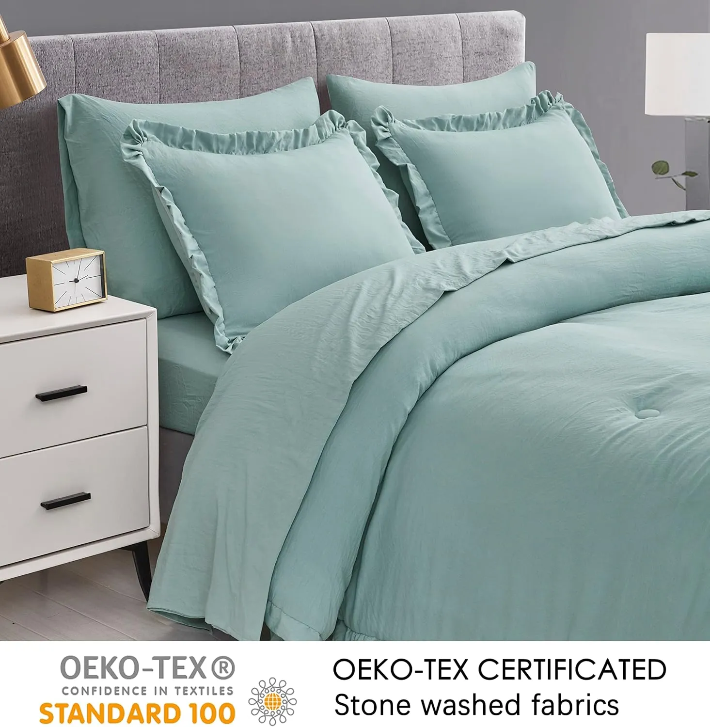 Chezmoi Collection Nora Aqua Comforter Set Queen Size 3-Piece Lightweight Fluffy Soft Lightweight Bedding Ruffled Edge Trim Stone-Washed Microfiber Comforter Set for All Season