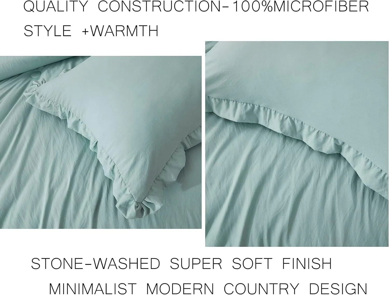 Chezmoi Collection Nora Aqua Comforter Set Queen Size 3-Piece Lightweight Fluffy Soft Lightweight Bedding Ruffled Edge Trim Stone-Washed Microfiber Comforter Set for All Season