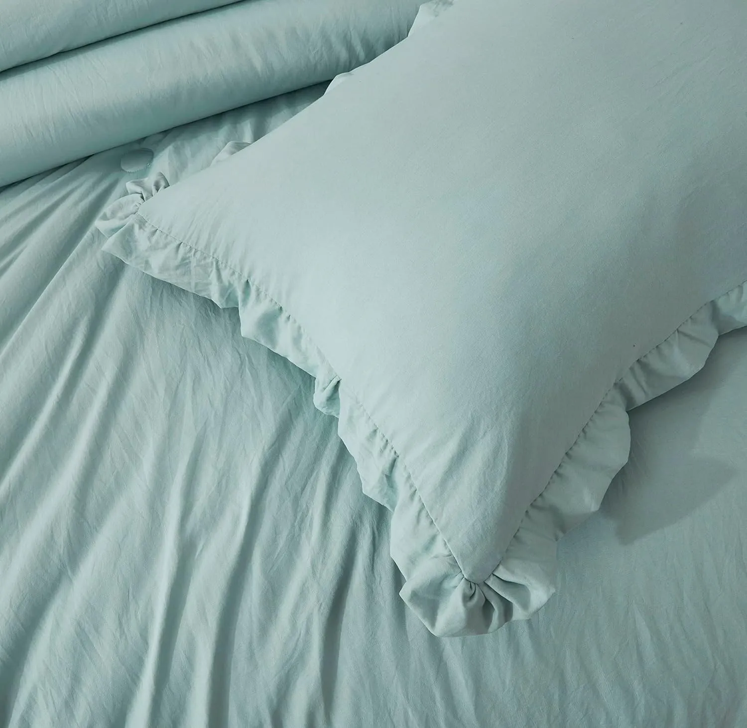 Chezmoi Collection Nora Aqua Comforter Set Queen Size 3-Piece Lightweight Fluffy Soft Lightweight Bedding Ruffled Edge Trim Stone-Washed Microfiber Comforter Set for All Season