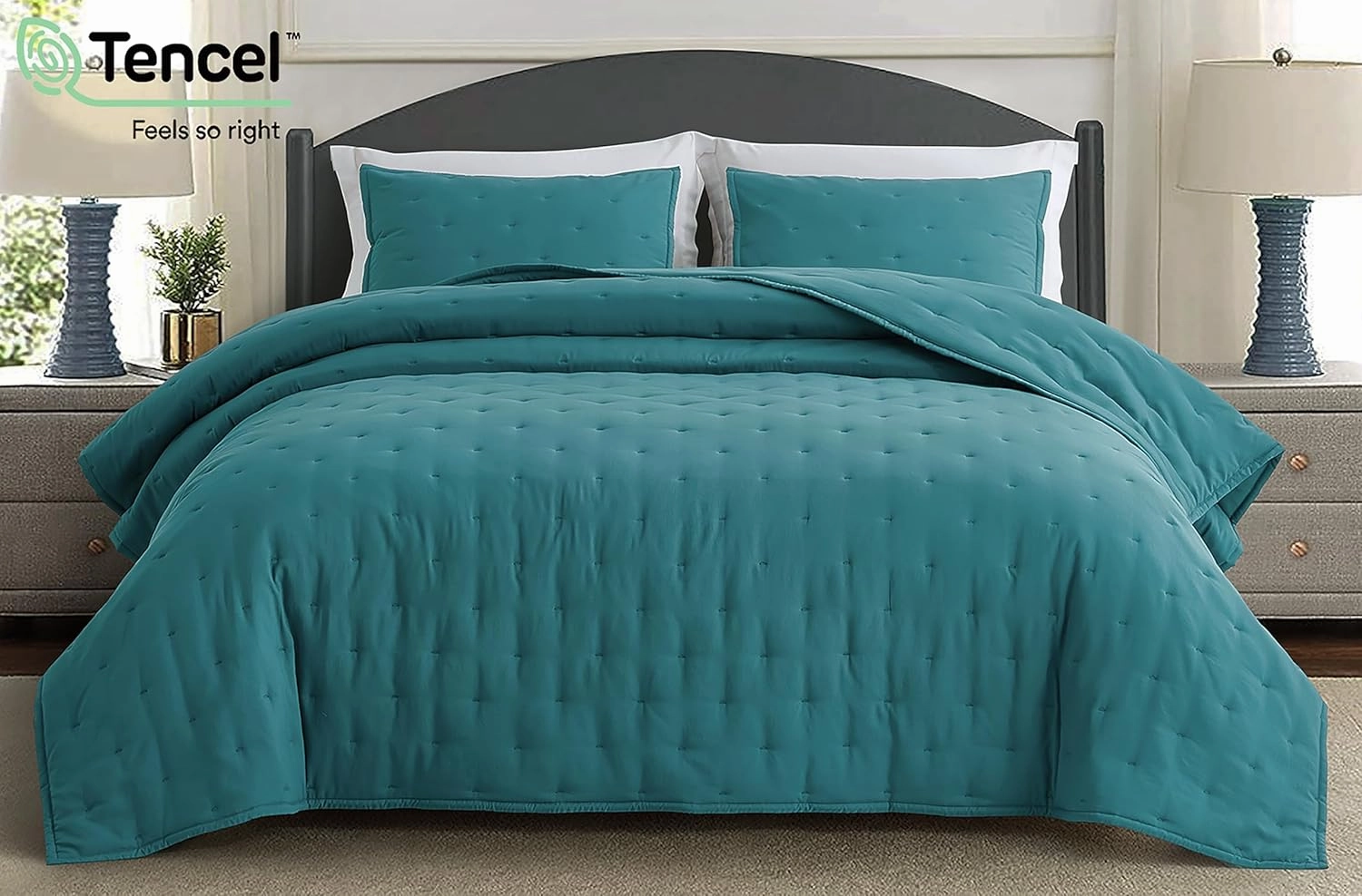 Chezmoi Collection Tencel Modal Blend Quilt Set Queen Size, Teal - Lightweight Soft Bedspread Crescent Stitched Quilt for All Seasons