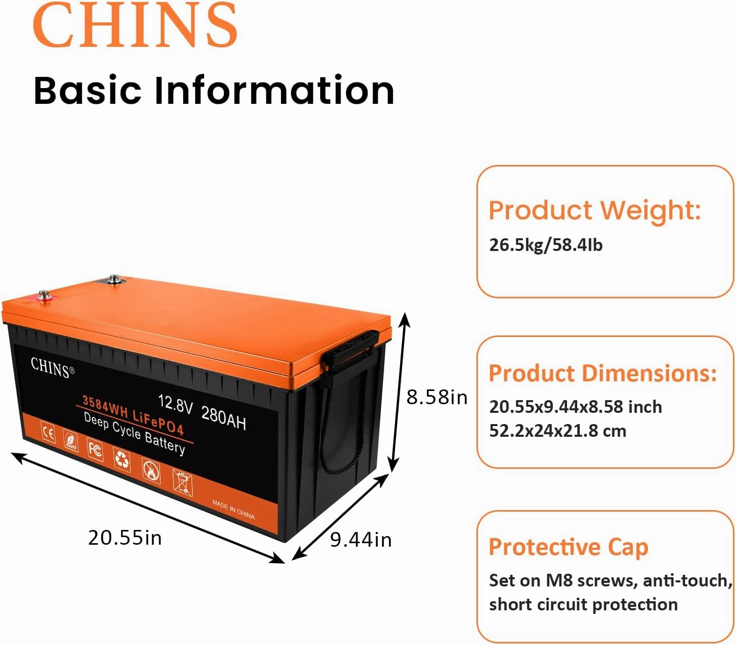 CHINS LiFePO4 Battery 12V 280AH Lithium Battery, Built-in 200A BMS, 6000  Cycles, Includes Low Temperature Cut-off Function, Perfect for RV, Off-Grid, Solar Power System, Home Backup, UPS, Marine