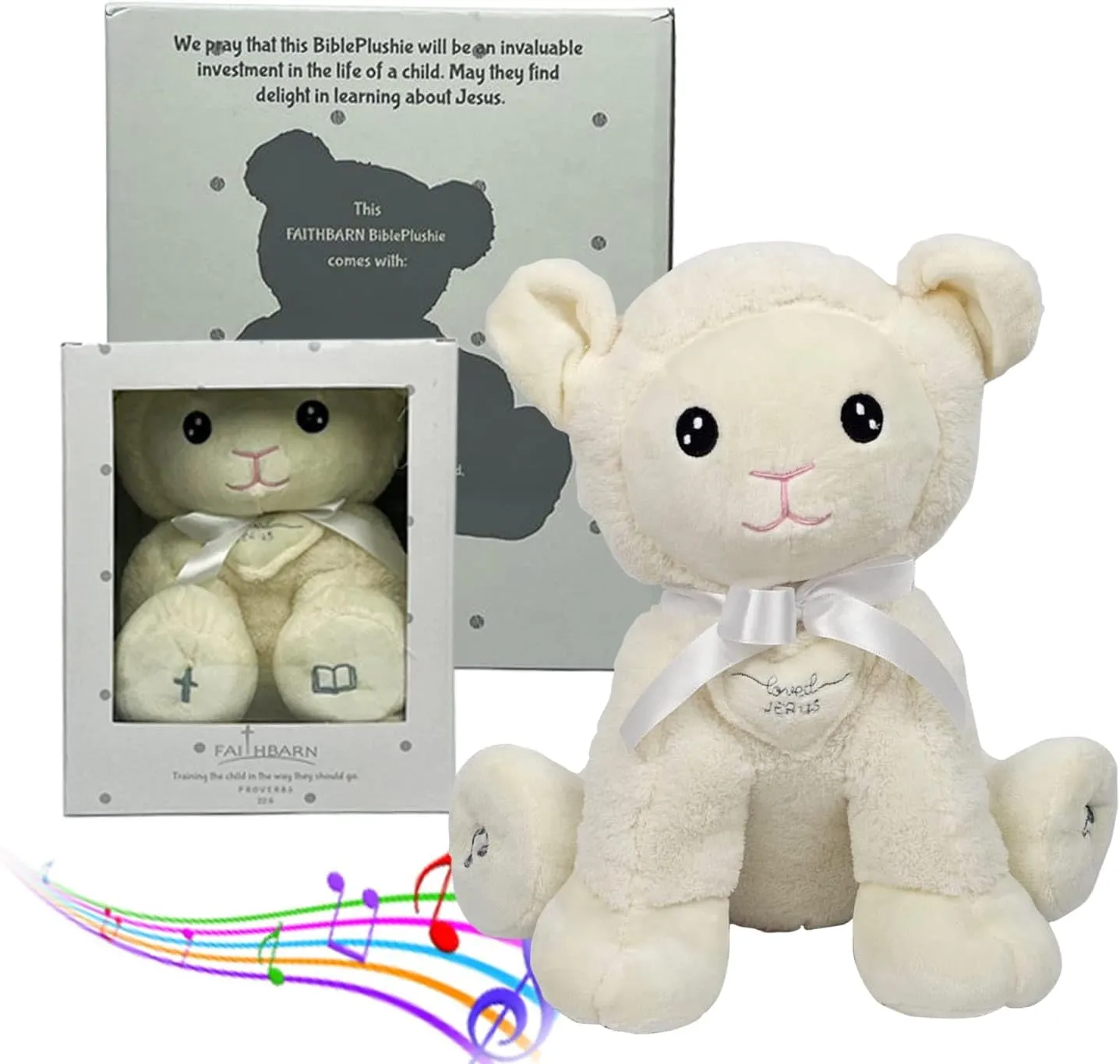 Christian Toy Plush Lamb – Baptism Gift, Christening, Bible Learning Toy, Musical Stuffed Animal for Toddlers w/Bible Stories, Hymns, Lullabies – Christian Baby Gifts w/Noahs Ark and More