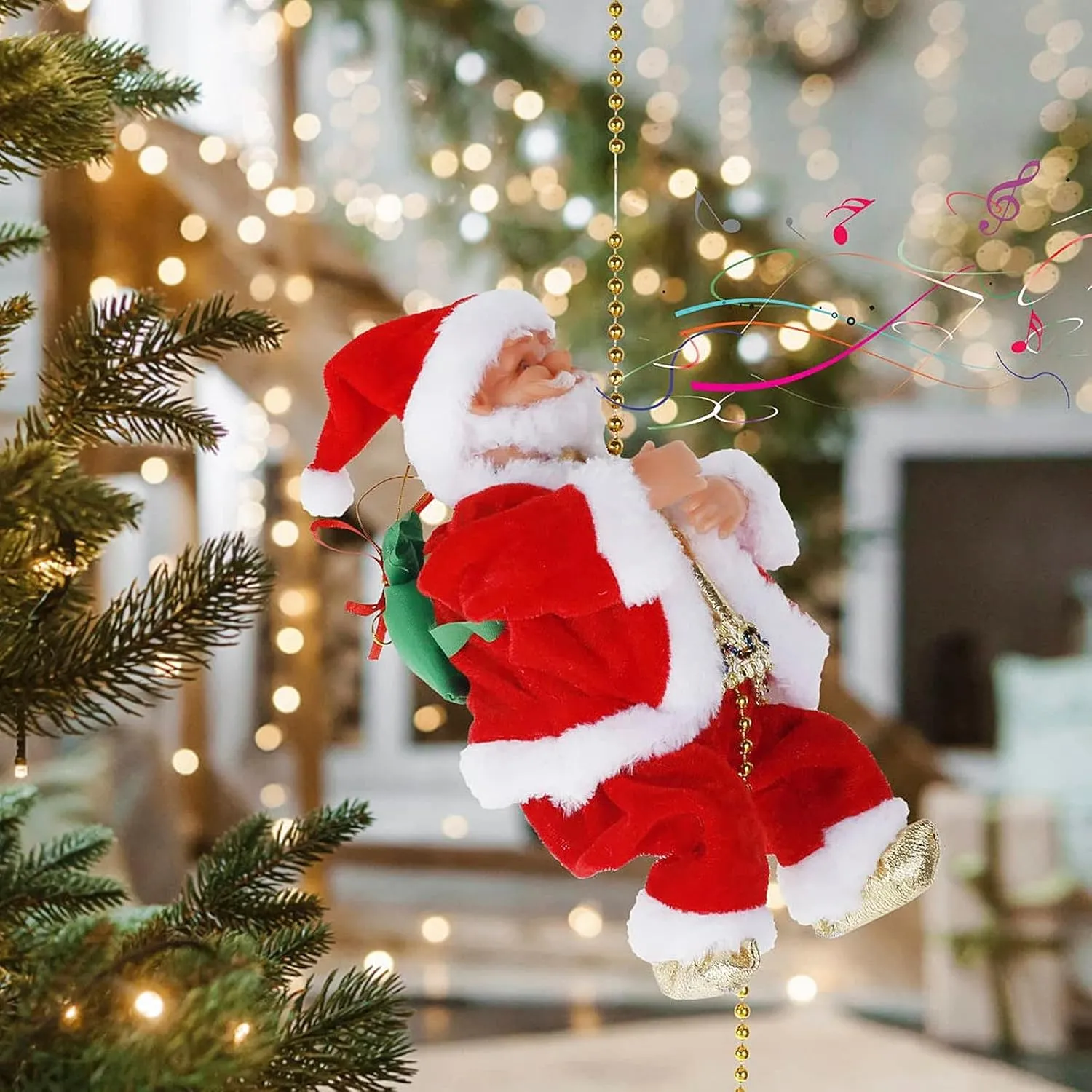 Christmas Electric Singing Santa Claus Dolls Climbing Rope Ladder Musical Plush Toys Twerking Tree Hanging Ornaments Dancing Figure Xmas Birthday Gifts Home Decorations