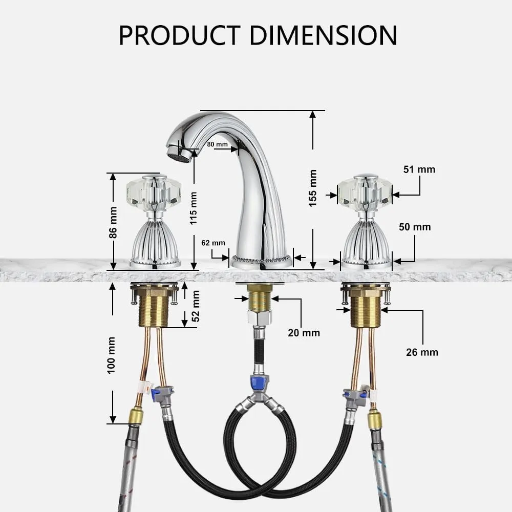 Chrome Widespread Bathroom Sink Faucet,Two Crystal Handle Three Hole Brass Lavatory Vanity Faucet,8-16 Inch Basin Mixer Tap with Pop Up Drain Assembly