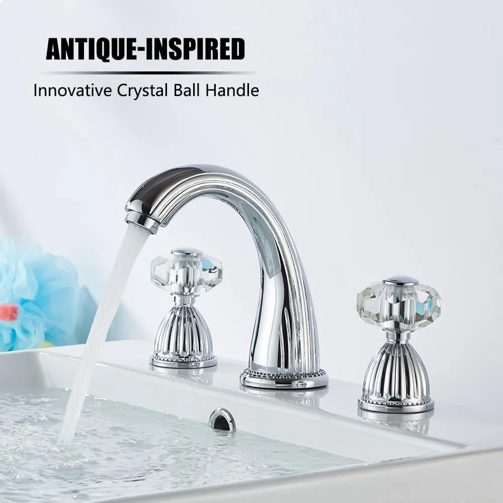 Chrome Widespread Bathroom Sink Faucet,Two Crystal Handle Three Hole Brass Lavatory Vanity Faucet,8-16 Inch Basin Mixer Tap with Pop Up Drain Assembly