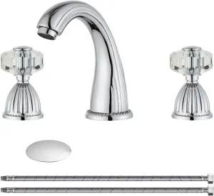 Chrome Widespread Bathroom Sink Faucet,Two Crystal Handle Three Hole Brass Lavatory Vanity Faucet,8-16 Inch Basin Mixer Tap with Pop Up Drain Assembly