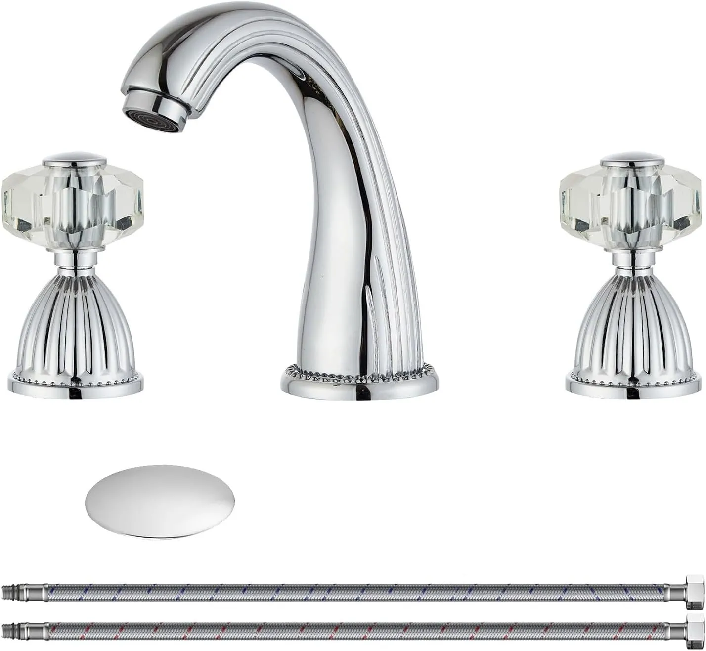 Chrome Widespread Bathroom Sink Faucet,Two Crystal Handle Three Hole Brass Lavatory Vanity Faucet,8-16 Inch Basin Mixer Tap with Pop Up Drain Assembly