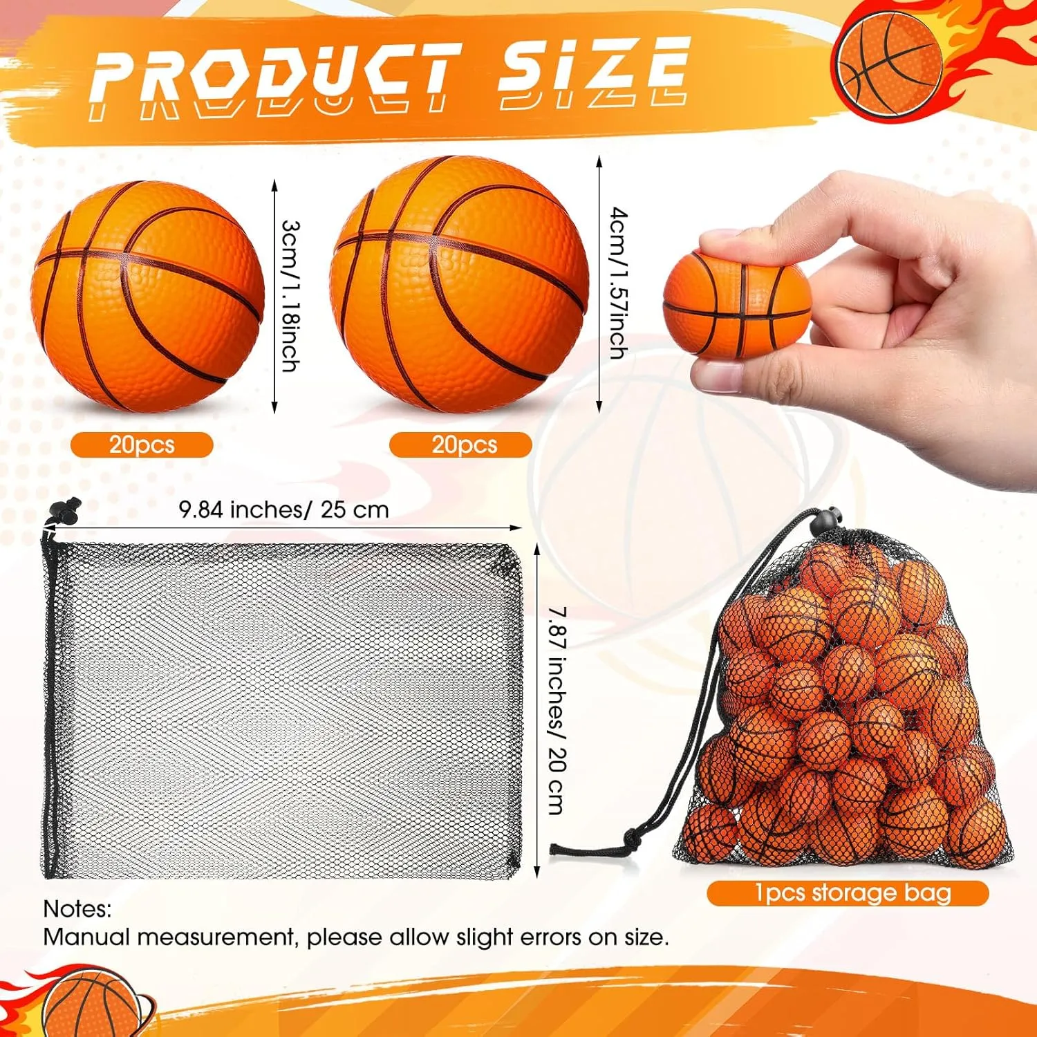Civaner 40 Pcs Mini Basketball Party Favors Tiny Basketball Small Foam Ball Relieve Stress Ball with Drawstring Mesh Bag for Beach Pool Sports Game Party(1.18 Inch, 1.57 Inch)