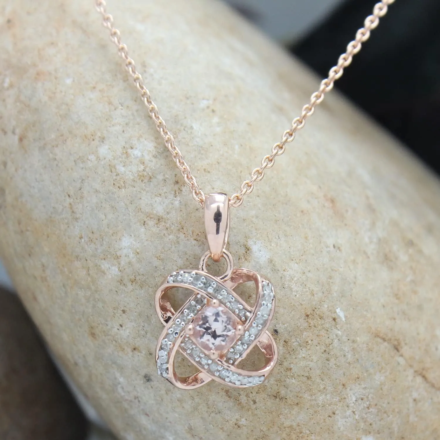 Classic Celtic Knot Pendant Necklace 4MM Round Cut Natural Morganite & Natural Diamond In 14K Gold Over Sterling Silver Gifts for Women (0.33 Cttw) 18" Chain