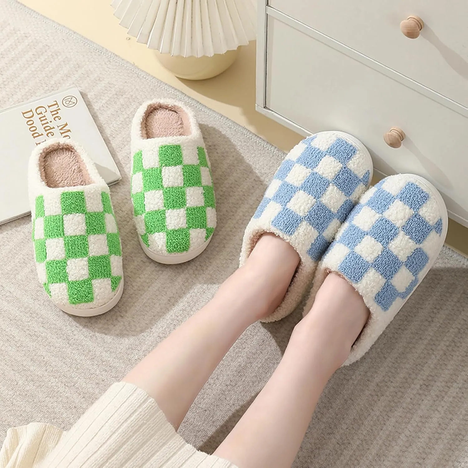 Classic House Plaid Slippers For Women Mens,Cozy Non Slip Outdoor Indoor Plush Slides Slippers