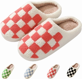 Classic House Plaid Slippers For Women Mens,Cozy Non Slip Outdoor Indoor Plush Slides Slippers