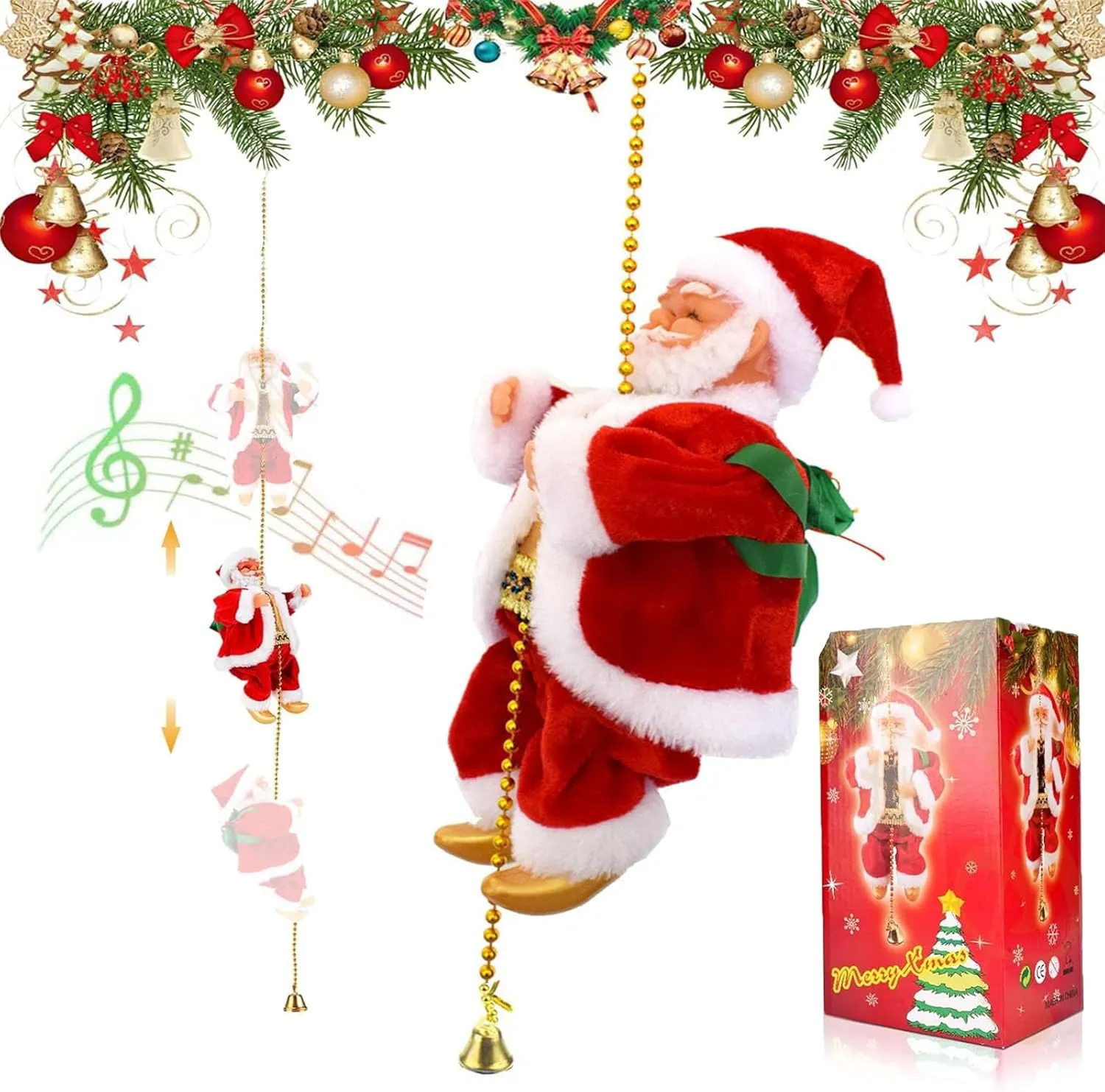 Climbing Santa On Chain, Electric Climbing Santa Claus, Climbing Santa with Music, Climbing Santa Up and Down, Santa Climbing Ladder, Electric Climbing Santa Claus Musical Toys (1X Climbing Santa)