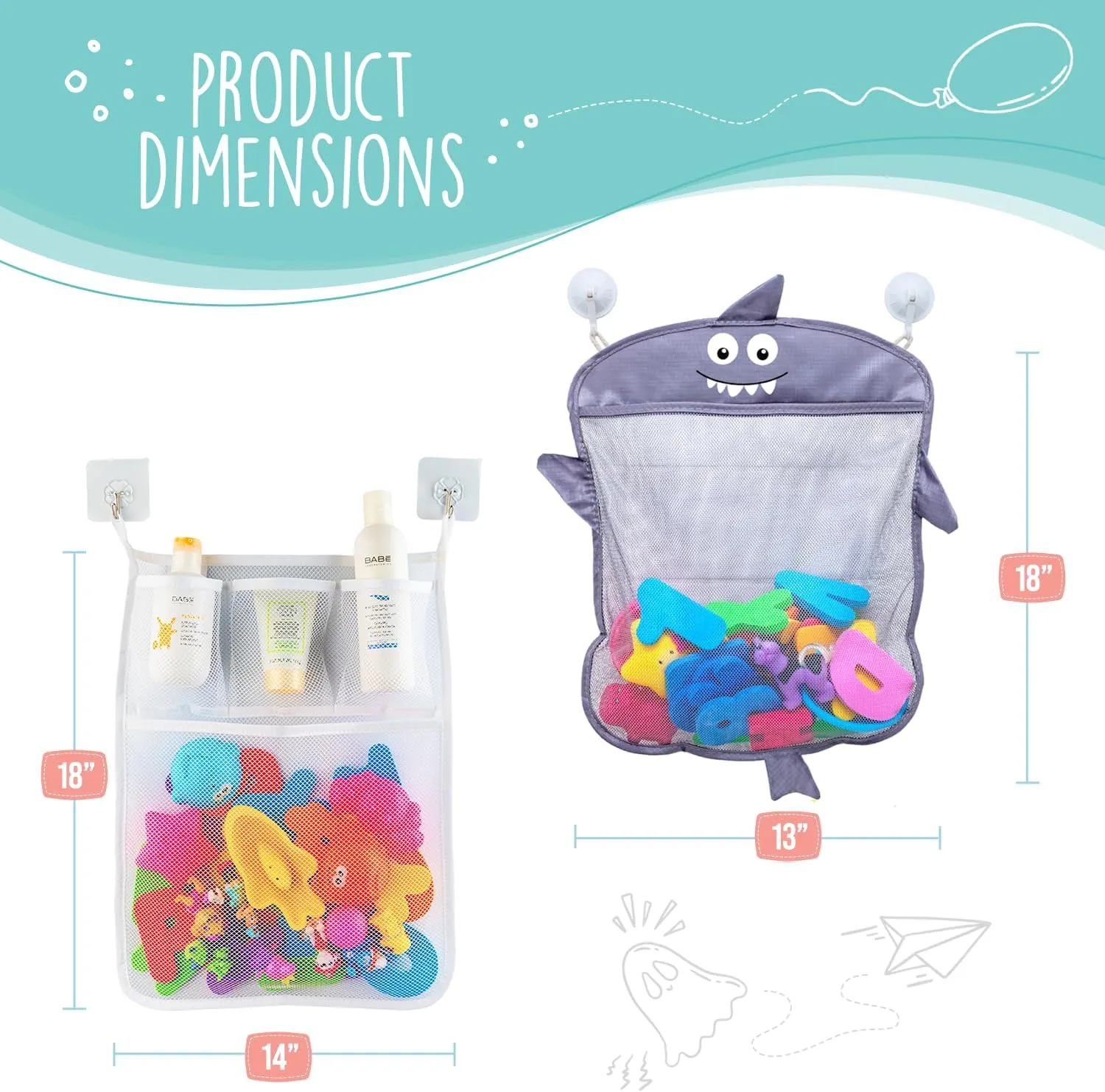 Comfylife Baby Bath Toy Organizer - Shark  36 Bath Letters & Numbers  Extra Bath Toy Storage Net & 10 Strong Hooks, Great Bath Net for Kids, Cute Bathtub Toy Organizer and Bath/Shower Caddy Solution