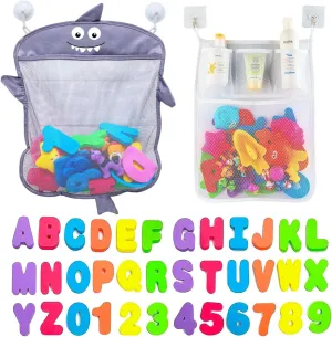 Comfylife Baby Bath Toy Organizer - Shark  36 Bath Letters & Numbers  Extra Bath Toy Storage Net & 10 Strong Hooks, Great Bath Net for Kids, Cute Bathtub Toy Organizer and Bath/Shower Caddy Solution
