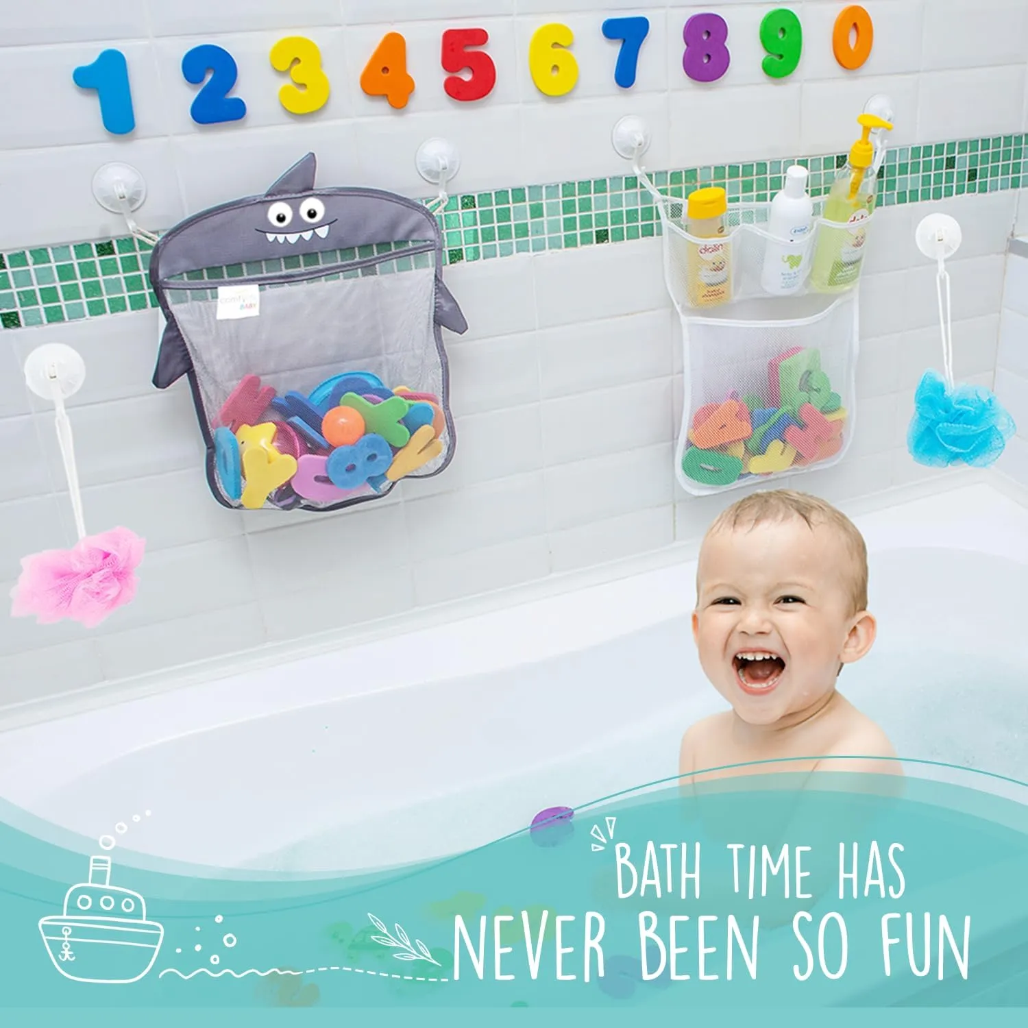 Comfylife Baby Bath Toy Organizer - Shark  36 Bath Letters & Numbers  Extra Bath Toy Storage Net & 10 Strong Hooks, Great Bath Net for Kids, Cute Bathtub Toy Organizer and Bath/Shower Caddy Solution