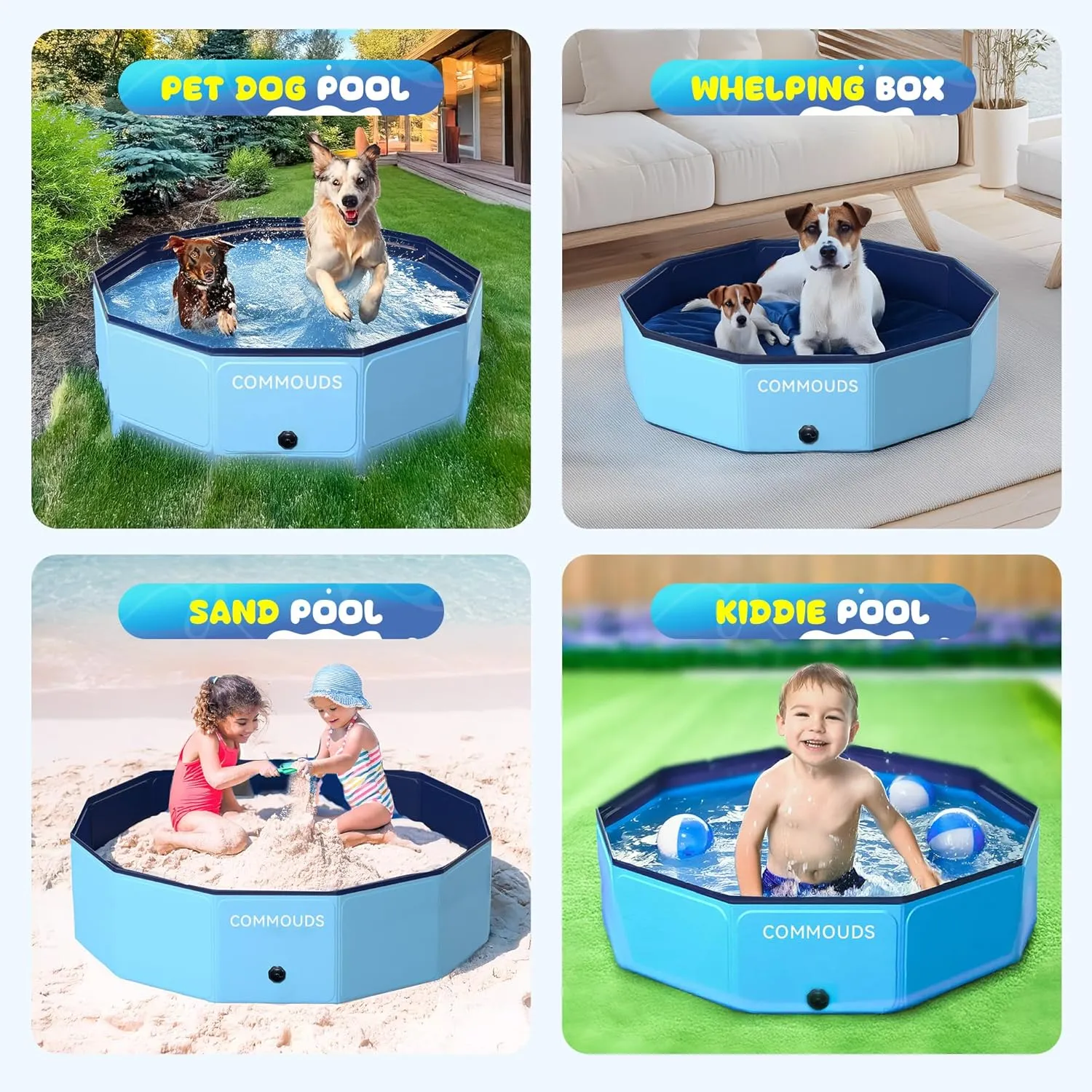 COMMOUDS Foldable Dog Pool, Collapsible Hard Plastic Dog Kiddie Swimming Pool, Portable Pet Bath Tub Wading Pools for Kids and Puppy Small Medium Large Dogs(63inch.D x 12inch.H)