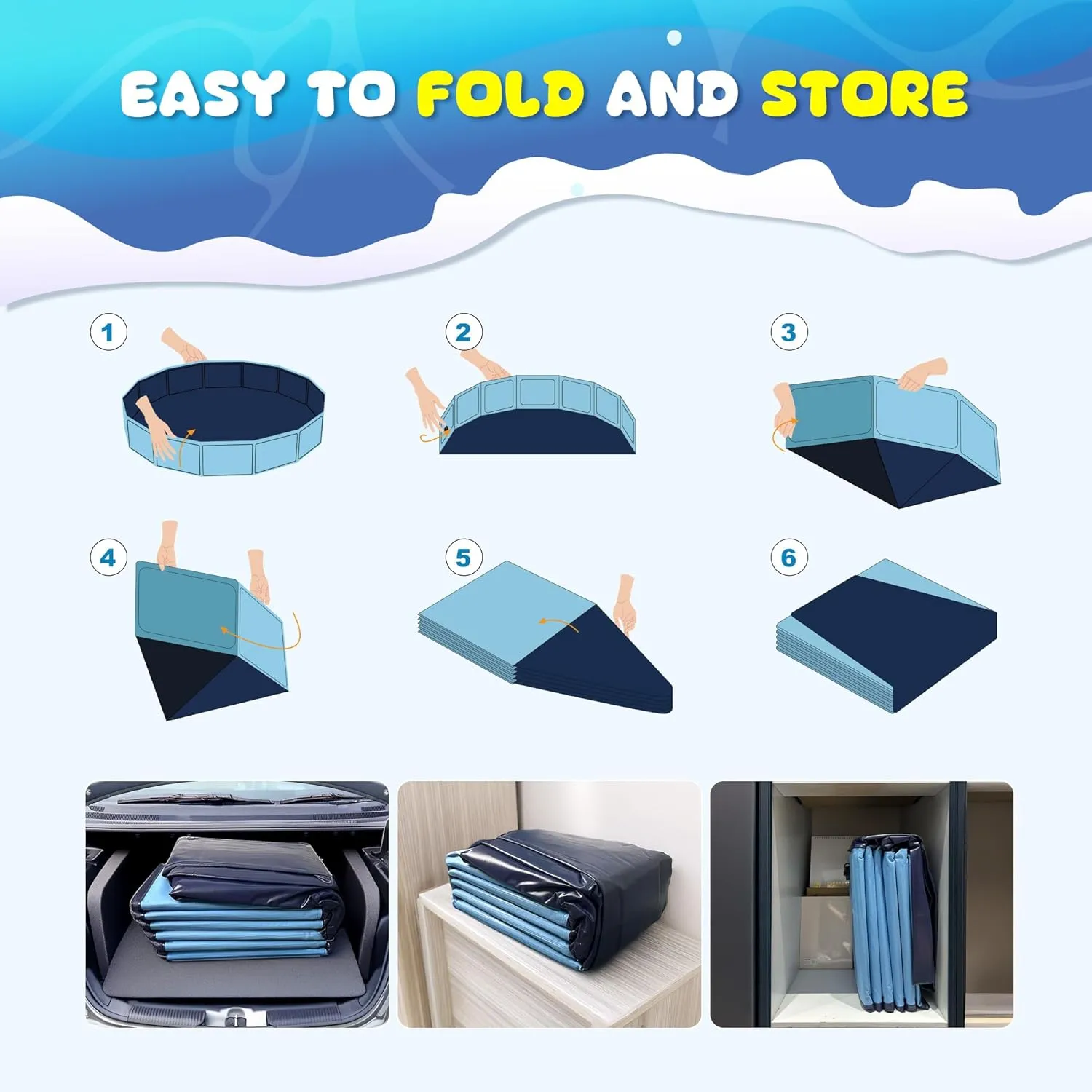 COMMOUDS Foldable Dog Pool, Collapsible Hard Plastic Dog Kiddie Swimming Pool, Portable Pet Bath Tub Wading Pools for Kids and Puppy Small Medium Large Dogs(63inch.D x 12inch.H)