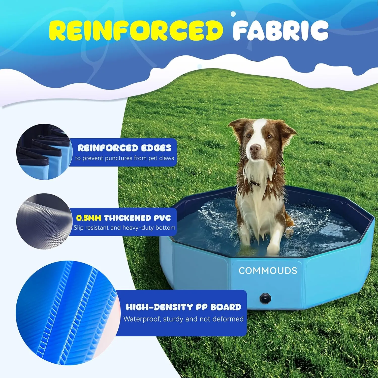 COMMOUDS Foldable Dog Pool, Collapsible Hard Plastic Dog Kiddie Swimming Pool, Portable Pet Bath Tub Wading Pools for Kids and Puppy Small Medium Large Dogs(63inch.D x 12inch.H)