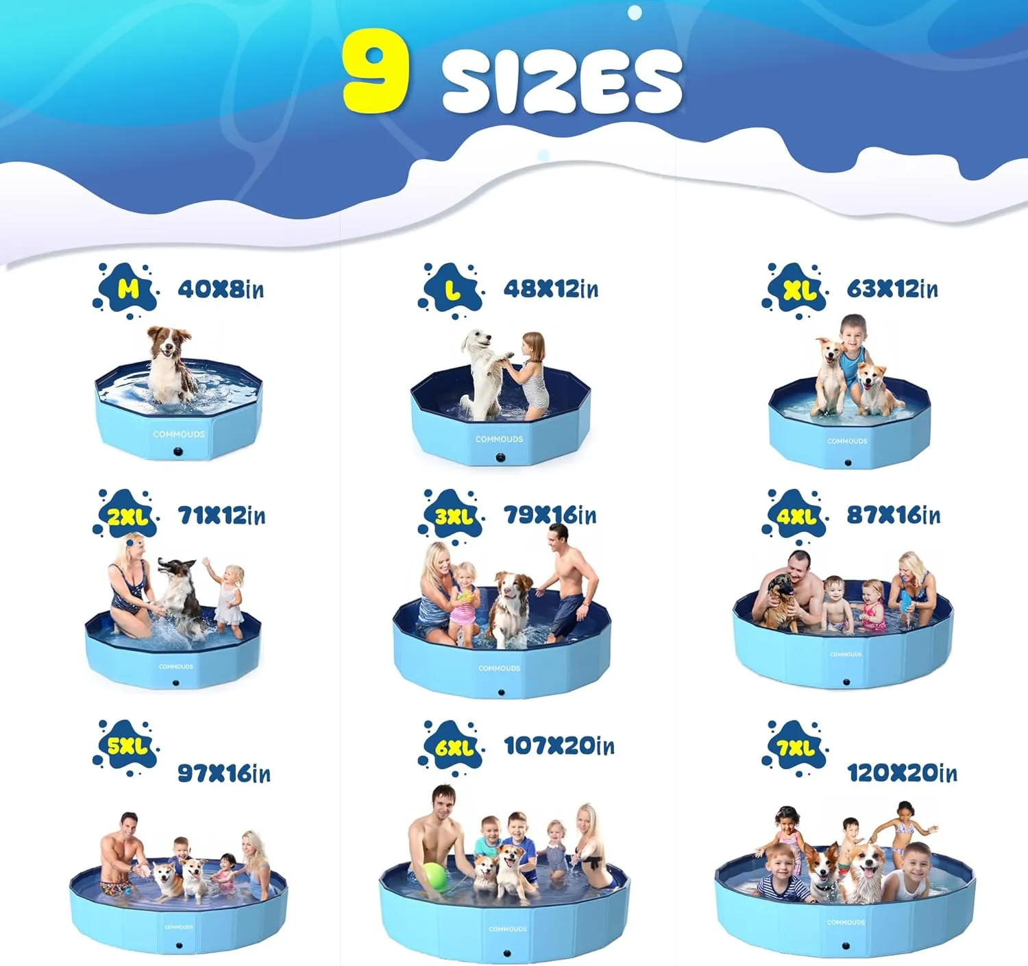 COMMOUDS Foldable Dog Pool, Collapsible Hard Plastic Dog Kiddie Swimming Pool, Portable Pet Bath Tub Wading Pools for Kids and Puppy Small Medium Large Dogs(63inch.D x 12inch.H)